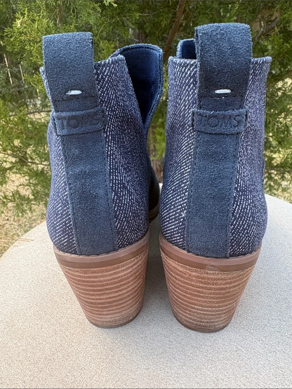 Toms Navy Suede Ankle Booties with Patterned Back
